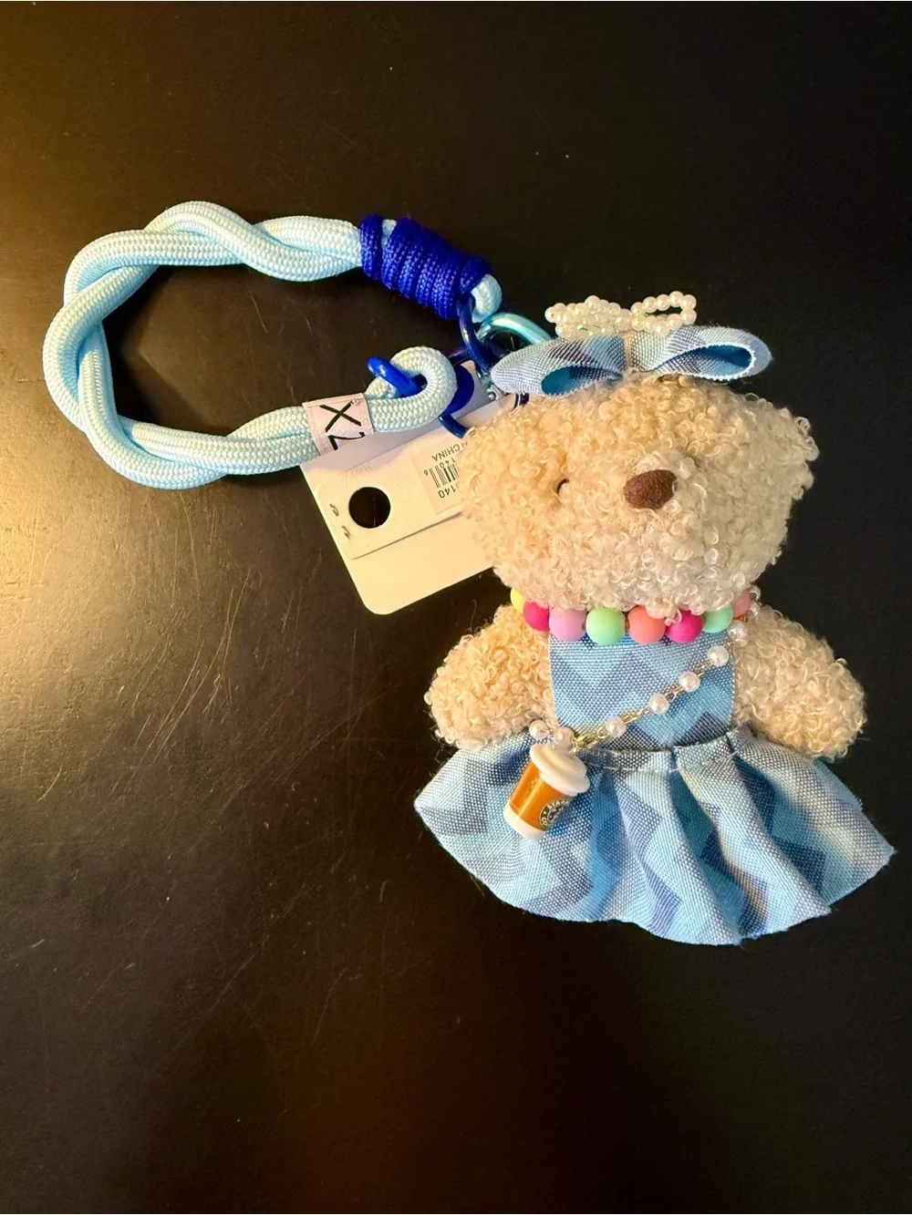 NWT Kawaii Sherpa Teddy Bear Chevron Blue Dress Coffee Plush Bag Charm/Keychain